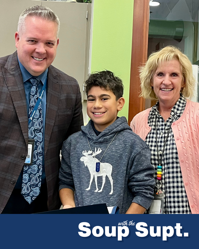 Superintendent Linford with a student and their principal for "Soup with the Supt."