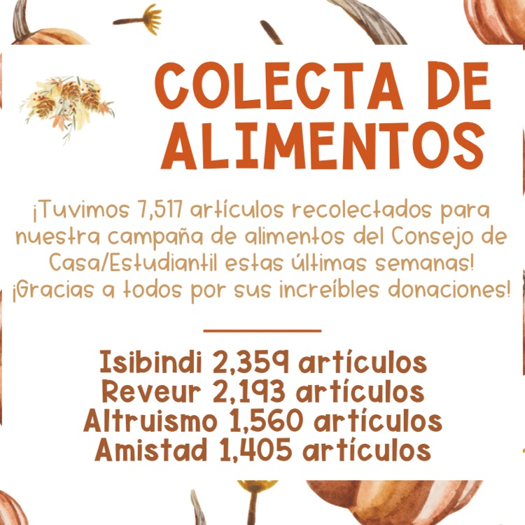 ¡Tuvimos 7,517 artículos recolectados para nuestra campaña de alimentos del Consejo de Casa/Estudiantil estas últimas semanas! ¡Gracias a todos por sus increíbles donaciones!