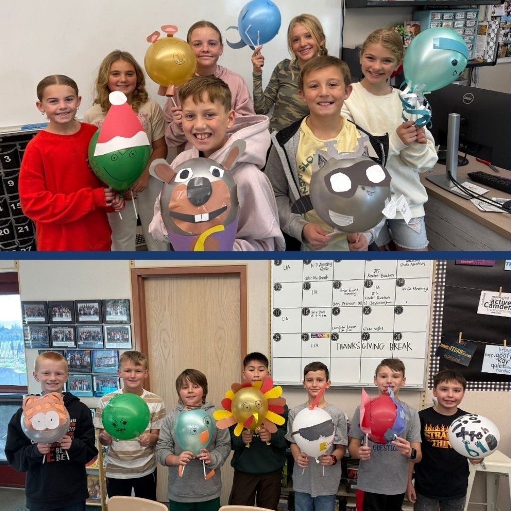 Students holding Balloons they decorated for Thanksgiving.