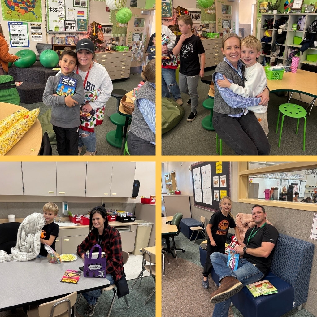 Students with family members reading and eating.