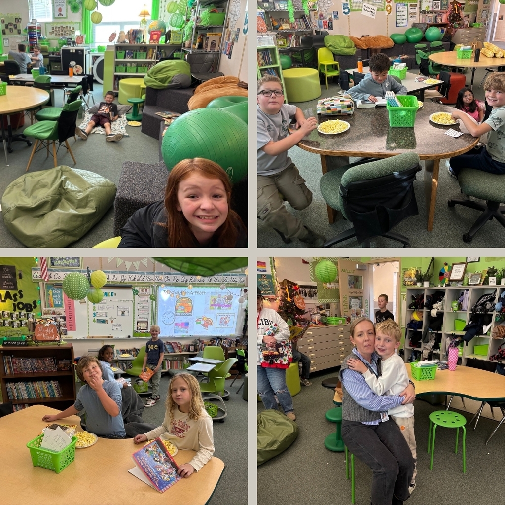 Students with family members reading and eating.