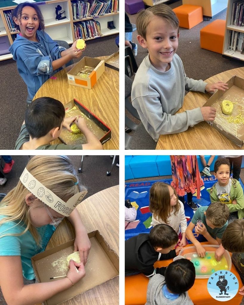 Four pictures showing second grade students with pretend fossils digging out bones. Students are happy and smiling.
