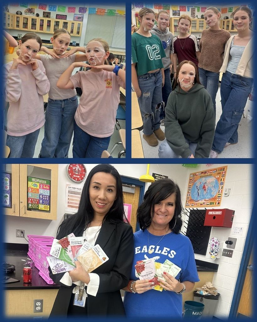 Students wearing face masks for a beauty club Be-YOU-tiful day with their teachers. 