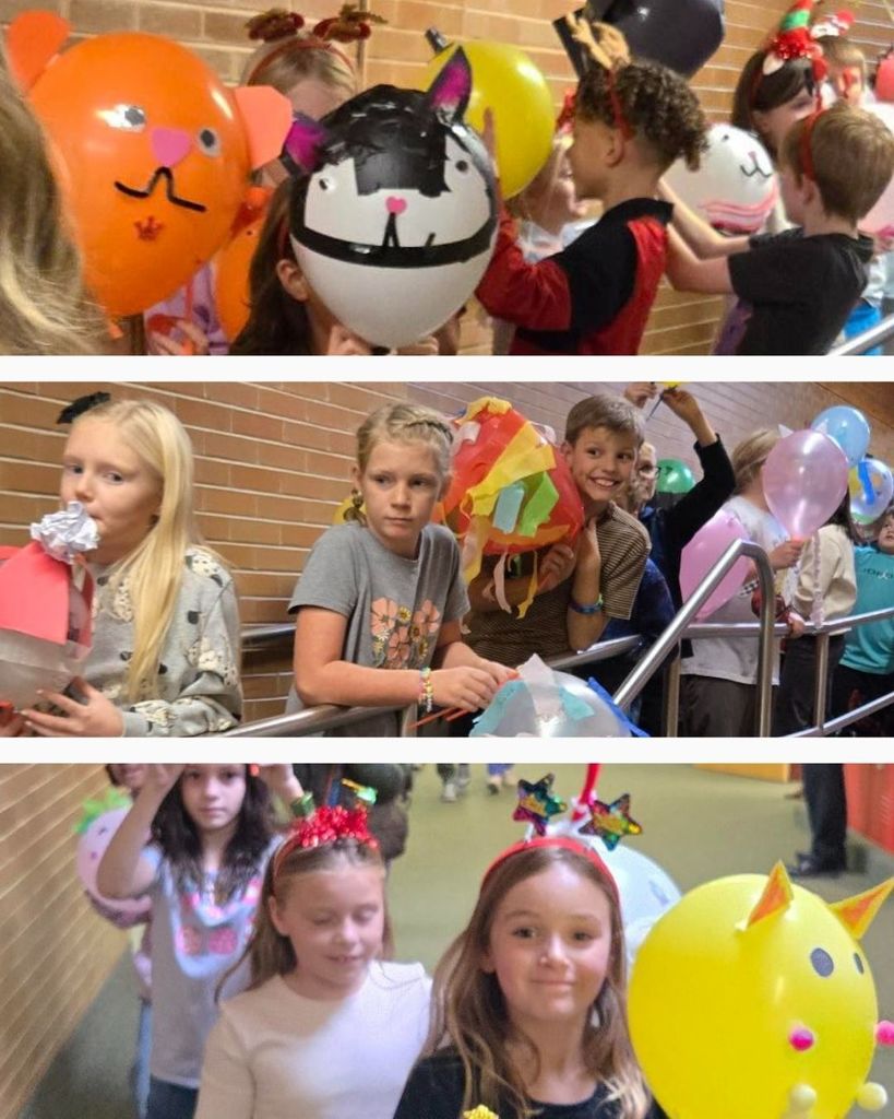 Photo collage of third grade students with their decorated balloons.