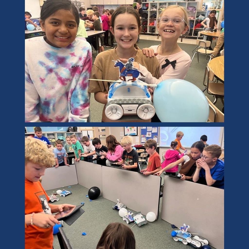 Students holding Sphero Robots made into jousting knights.
