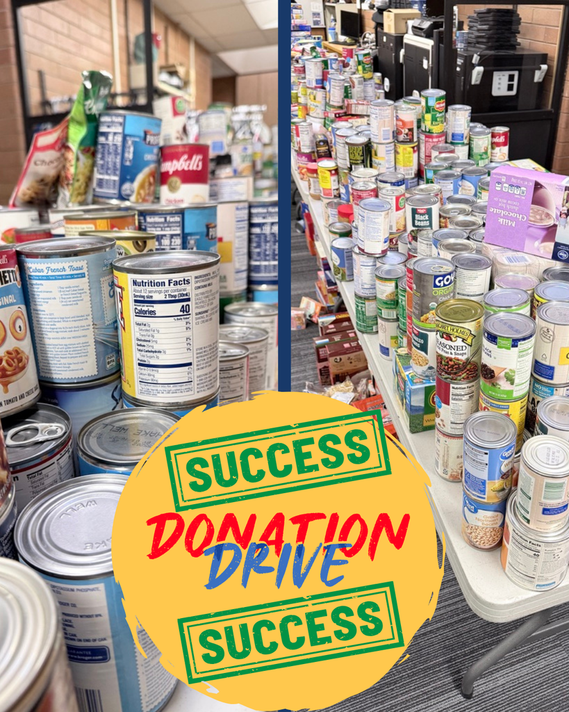 Text: Success Donation Drive Success Photo of tables full of cans of food donated for the Food drive