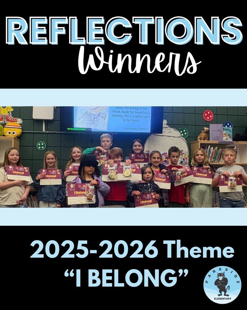 Text "Reflections Winners 2025-2026 Theme I Belong" Picture of 13 students holding certificates.