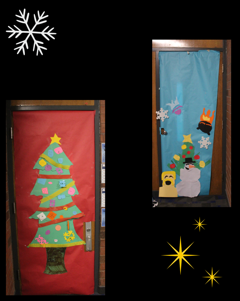 two doors decorated. One is a decorated tree with colorful ornaments. the other is a snowman with a tree, snowflakes, and random shapes
