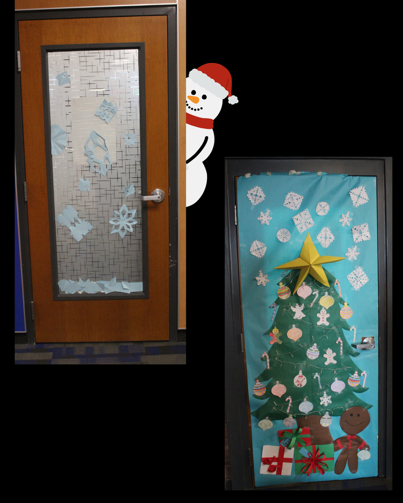 two doors decorated. one is snowflakes. the other is a decorated tree with snowflakes, a star, cute ornaments, candy canes, presents and a gingerbread man