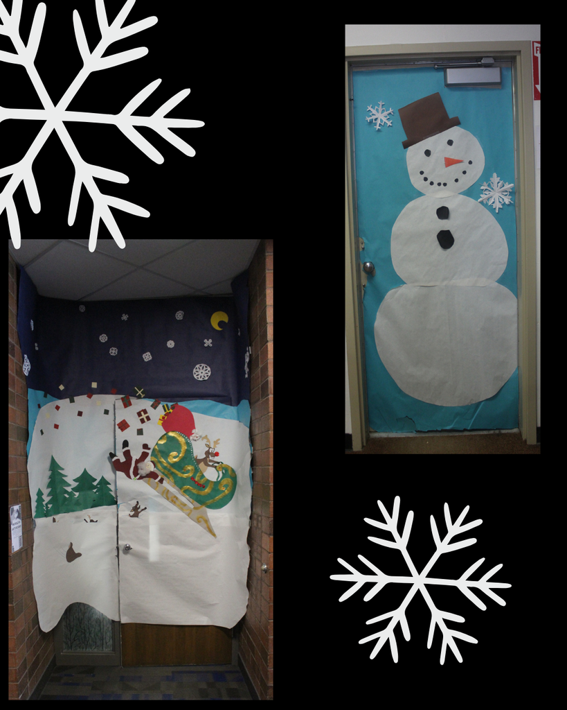 two doors decorated. one is a snowy scene with santa chasing the sled. the sled is being driven by rudolph the red nosed reindeer. There are snowflakes and trees. the second door is decorated with a giant snowman and showflakes.