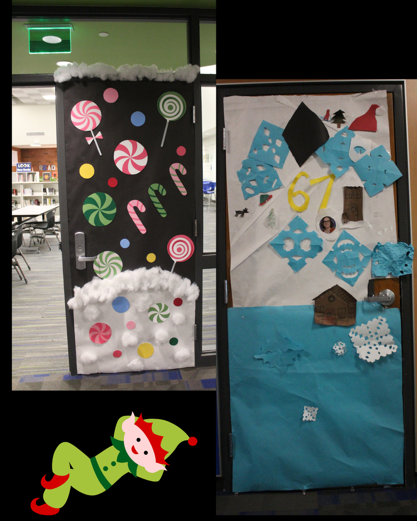 two decorated doors. One door decorated with black paper, and colorful christmas candy, suckers, and candy canes. The other one is snowflakes, a 67, and some cabins