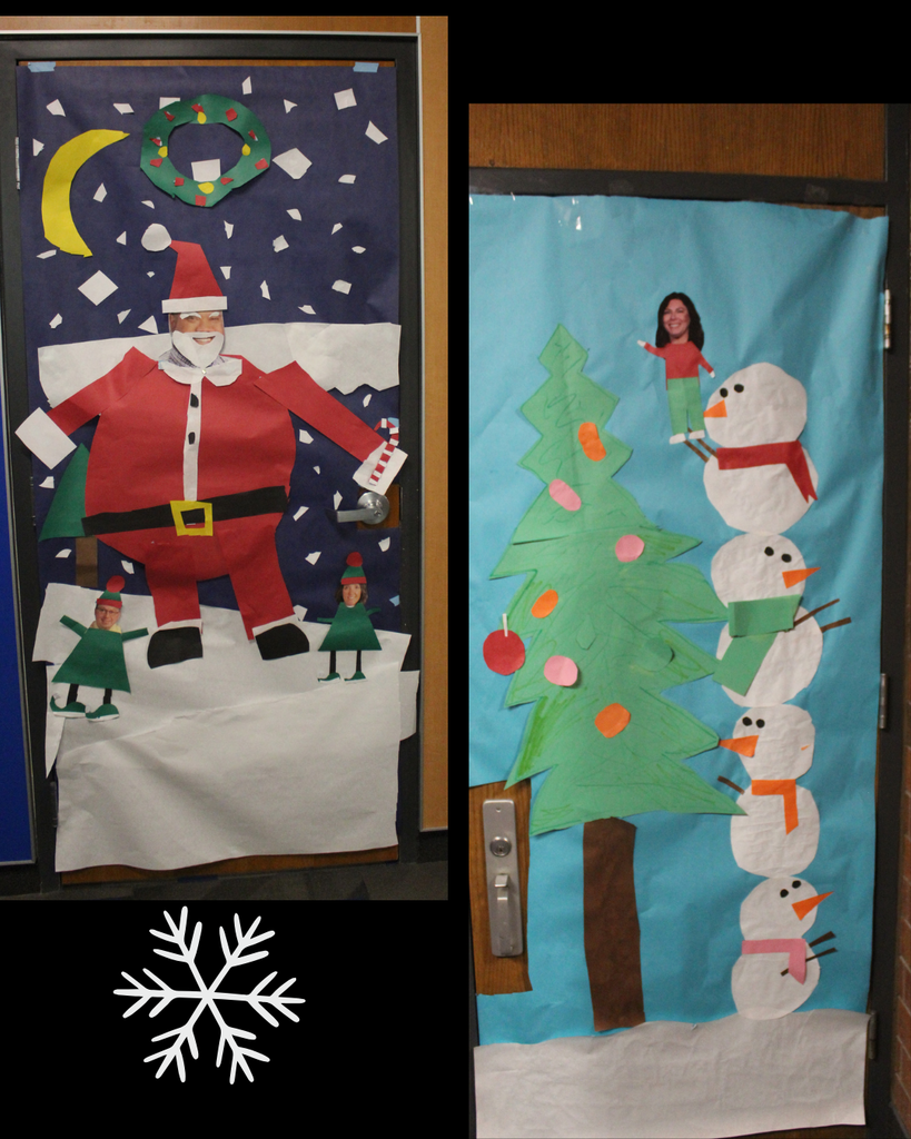 two doors decorated. One decorated as Santa with elves. The other is snowmen stacked on top of each other decorating a tree