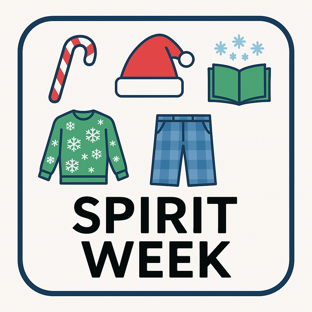 Spirit Week graphic with icons of a candy cane, Santa hat, book with snowflakes, green snowflake sweater, and blue plaid pajamas.