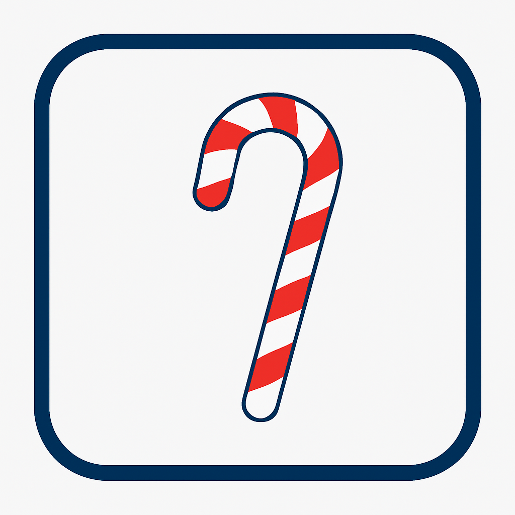 Square graphic with rounded blue border featuring a large candy cane icon
