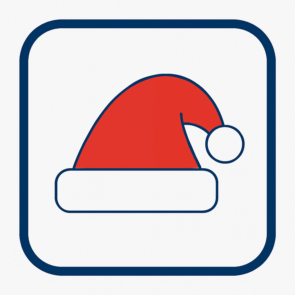 Square graphic with rounded blue border showing a red winter hat icon.