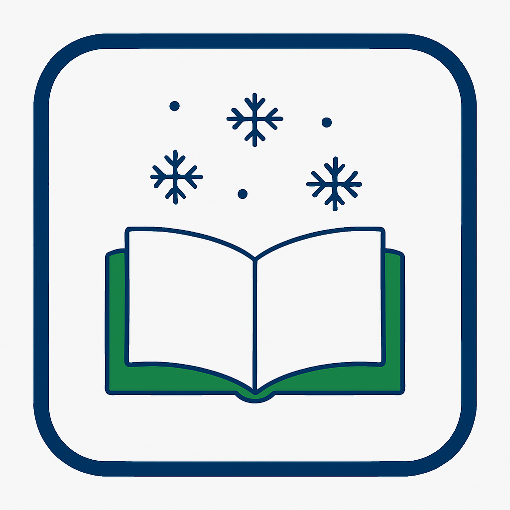 Square graphic with rounded blue border and a book icon with falling snowflakes above it.