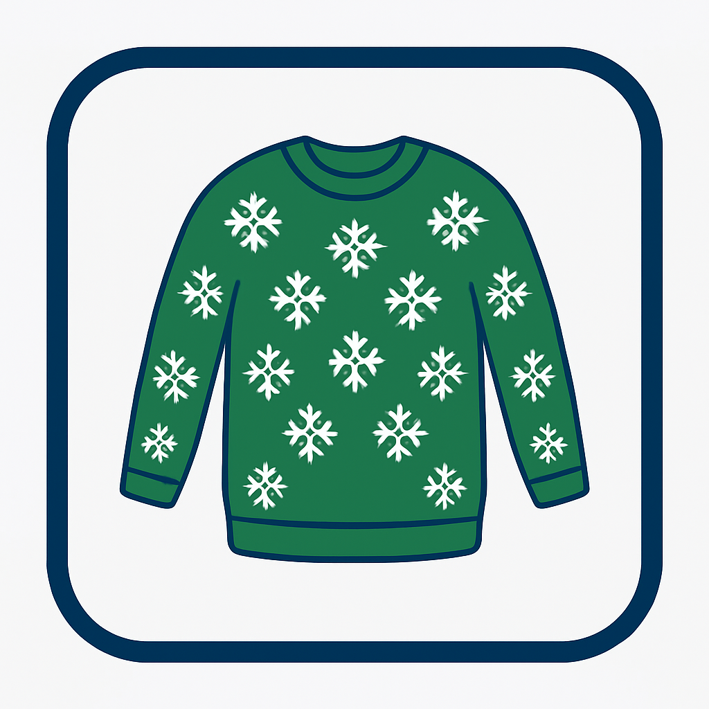 Square graphic with rounded blue border featuring a green festive sweater icon.