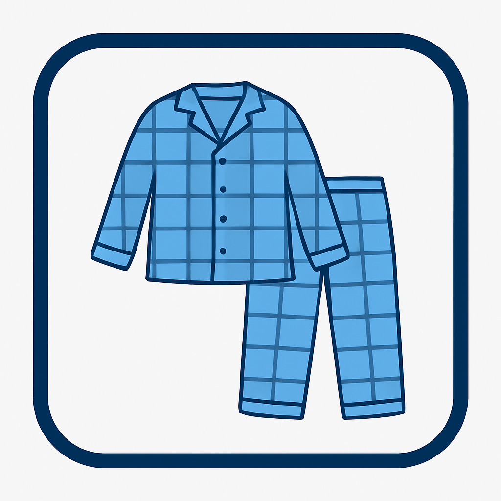 Square graphic with a rounded navy border and a pair of blue pajamas with plaid designs.