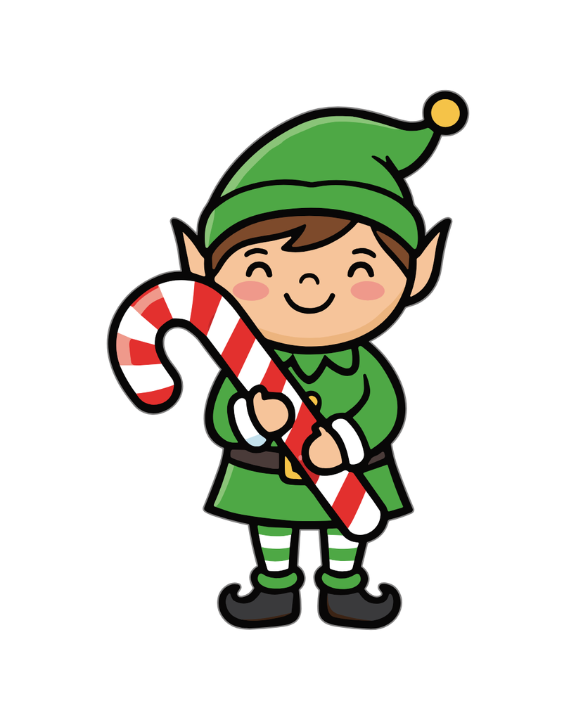 holiday elf holding a candy cane
