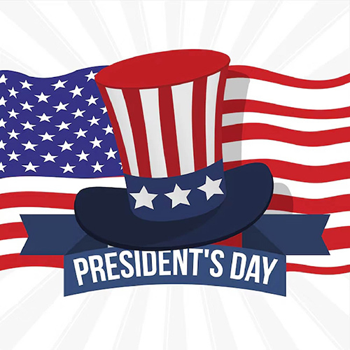An image with an american flag with text reading "presidents day"