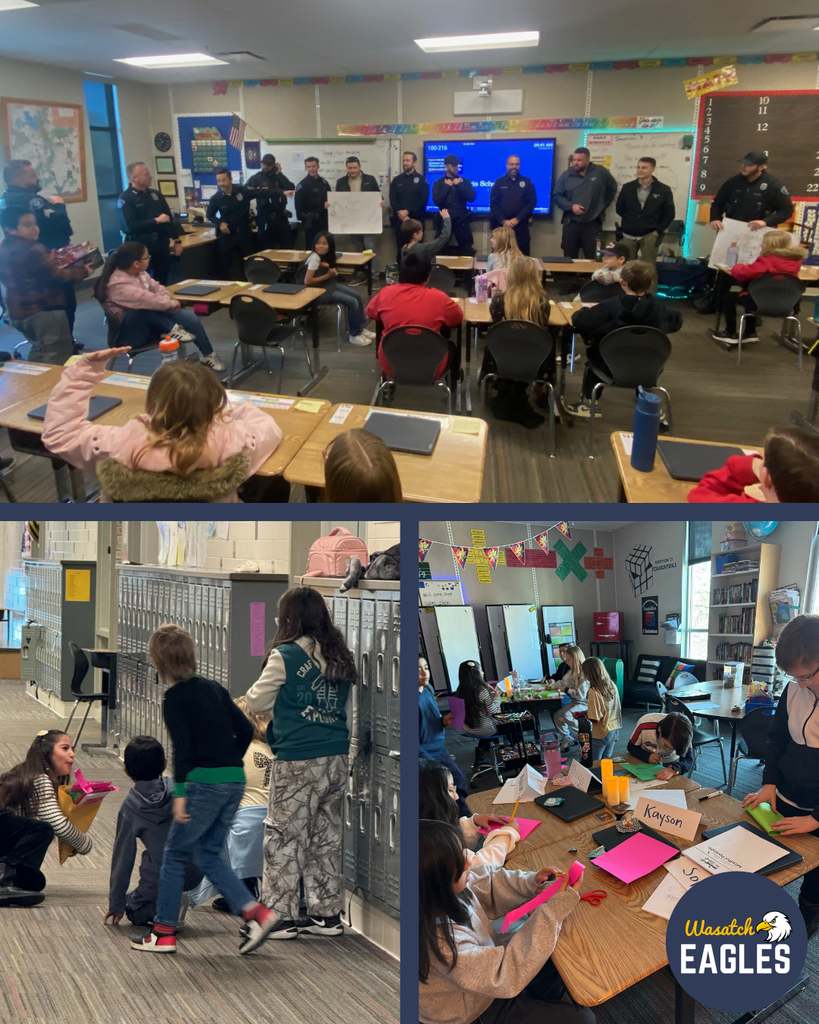 Three photos of 4th graders creating notes and delivering to police officers and classrooms