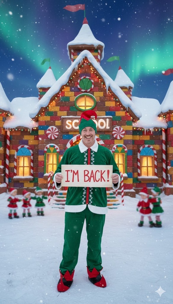 Mr. Nash in his pinky the elf costume holding up a sign that says I'm Back in front of a gingerbread school.