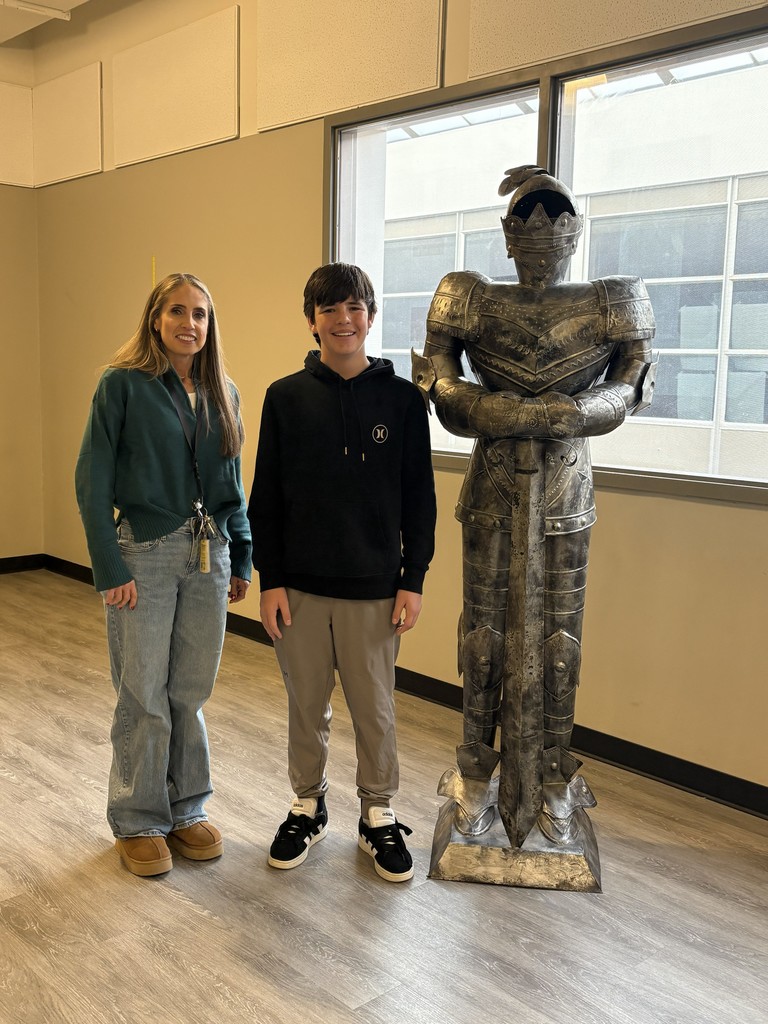 images of students standing next to teachers and a knight statue