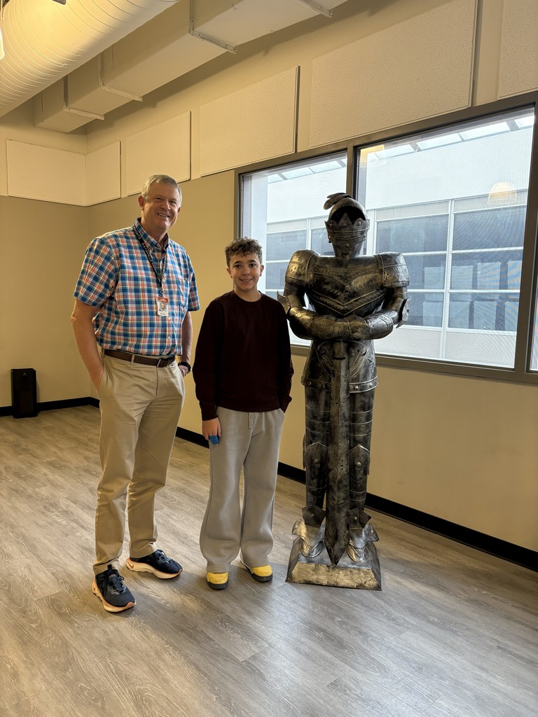 images of students standing next to teachers and a knight statue