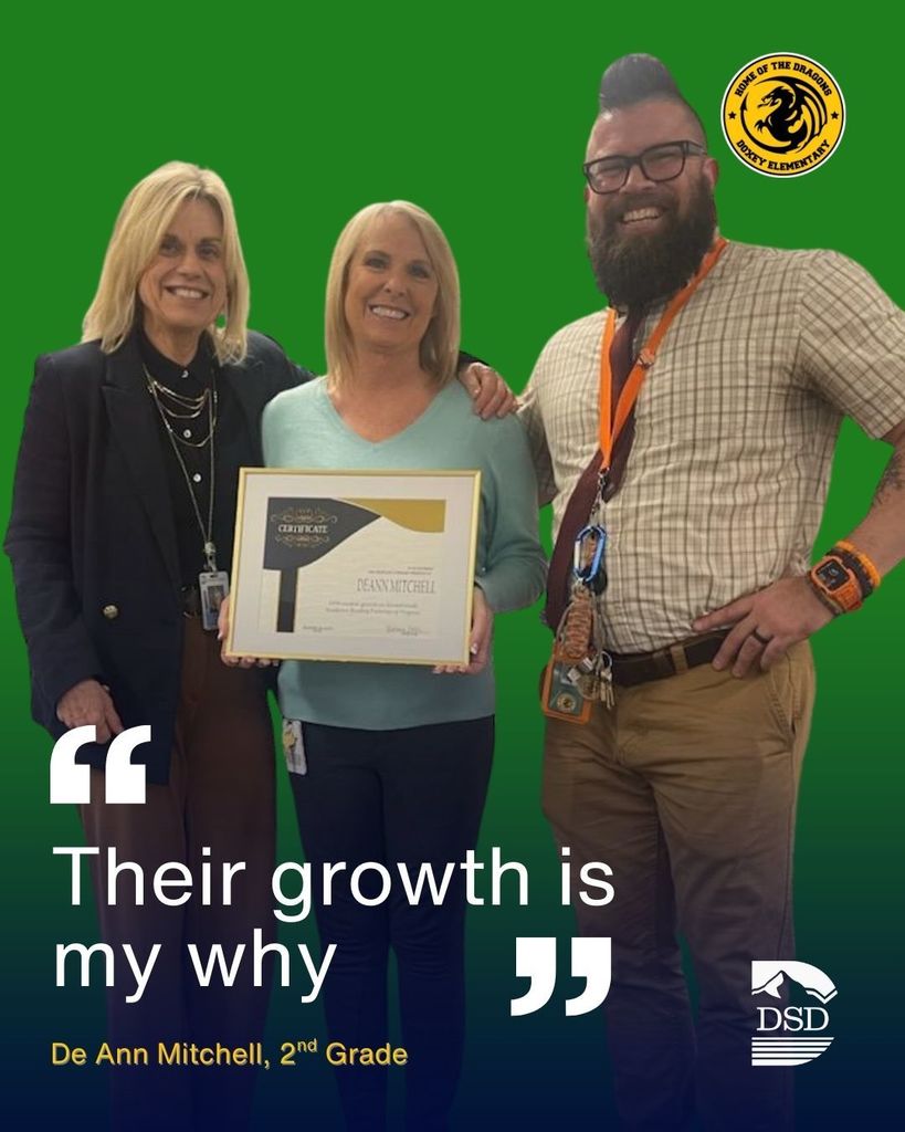 A promotional image featuring 2nd Grade teacher De Ann Mitchell and two colleagues, framed by the Doxey Dragons logo and the quote: "Their growth is my why.