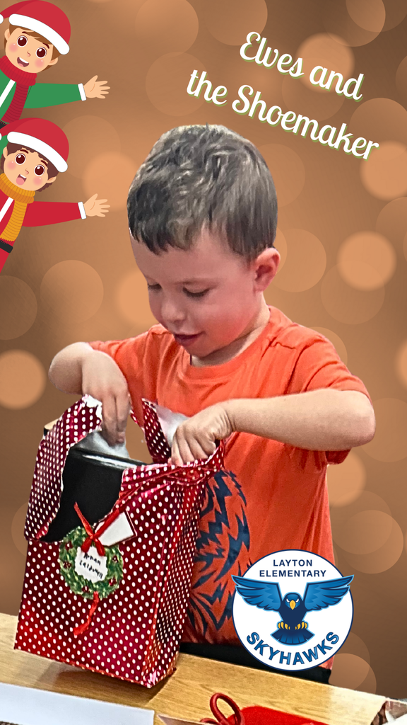 Elves and the shoemaker with photo of kindergarten student unwrapping a box of new shoes