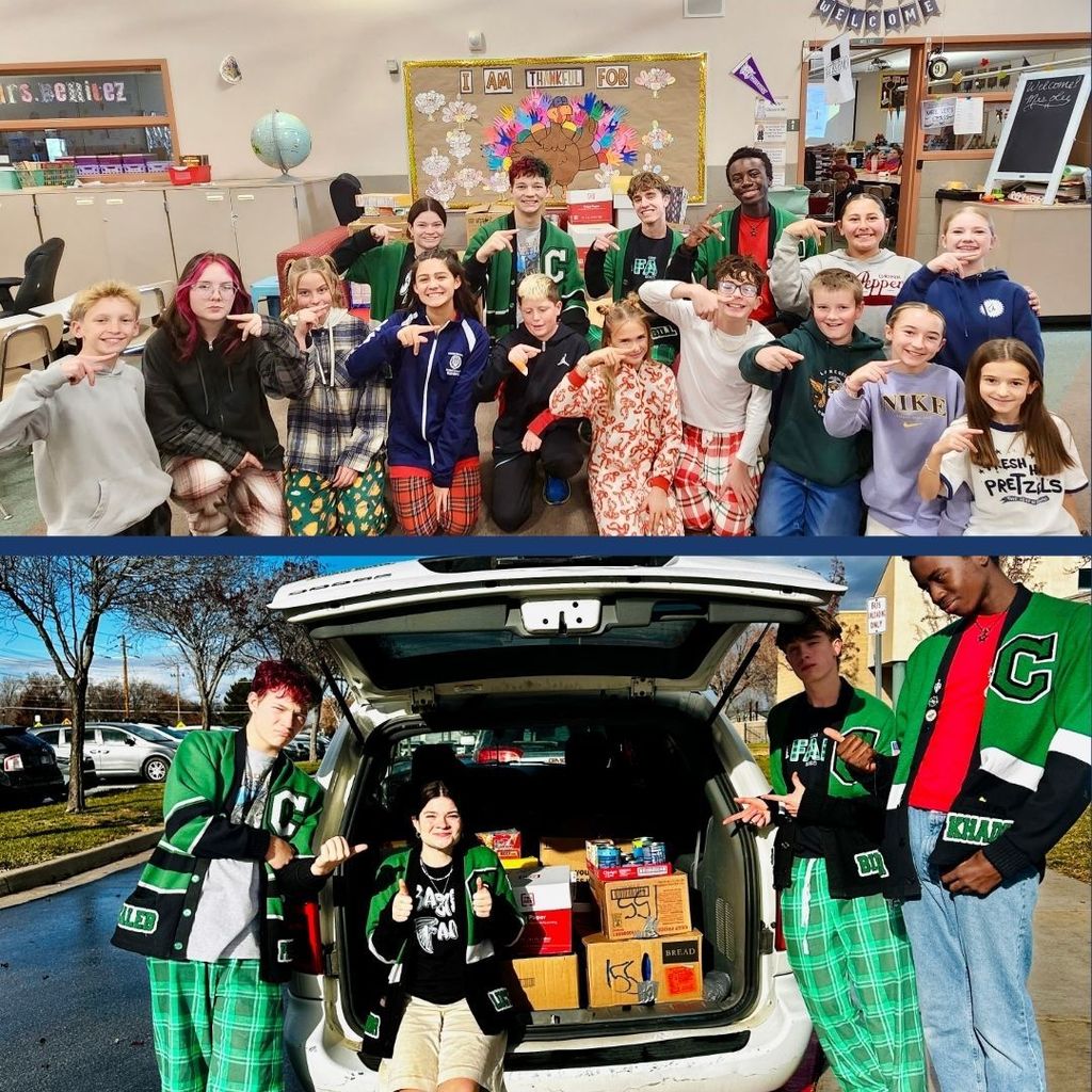 Students posing for a picture after collecting food.