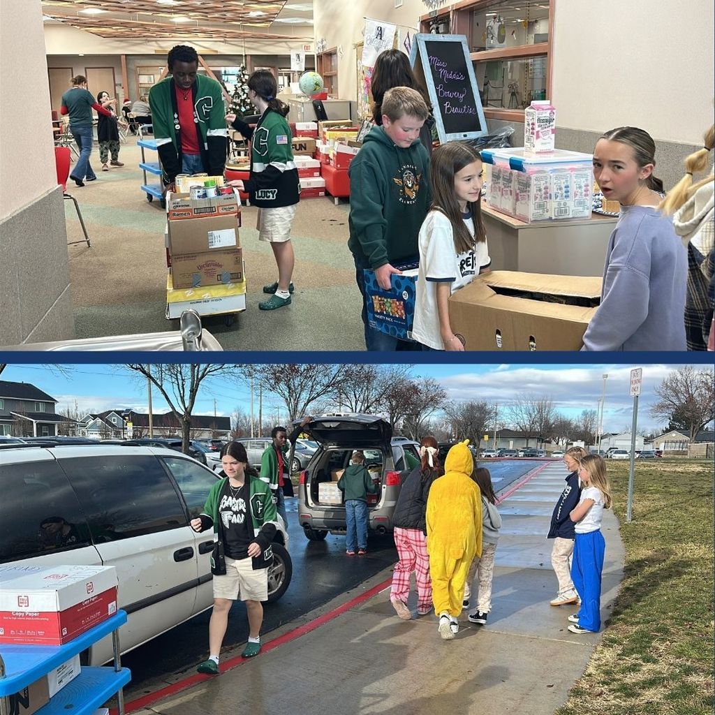 Students posing for a picture after collecting food.