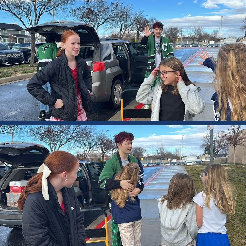 Students posing for a picture after collecting food. 