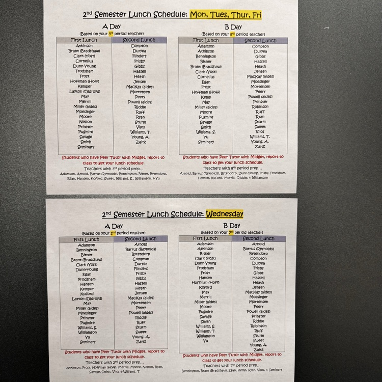 Second semester lunch schedule