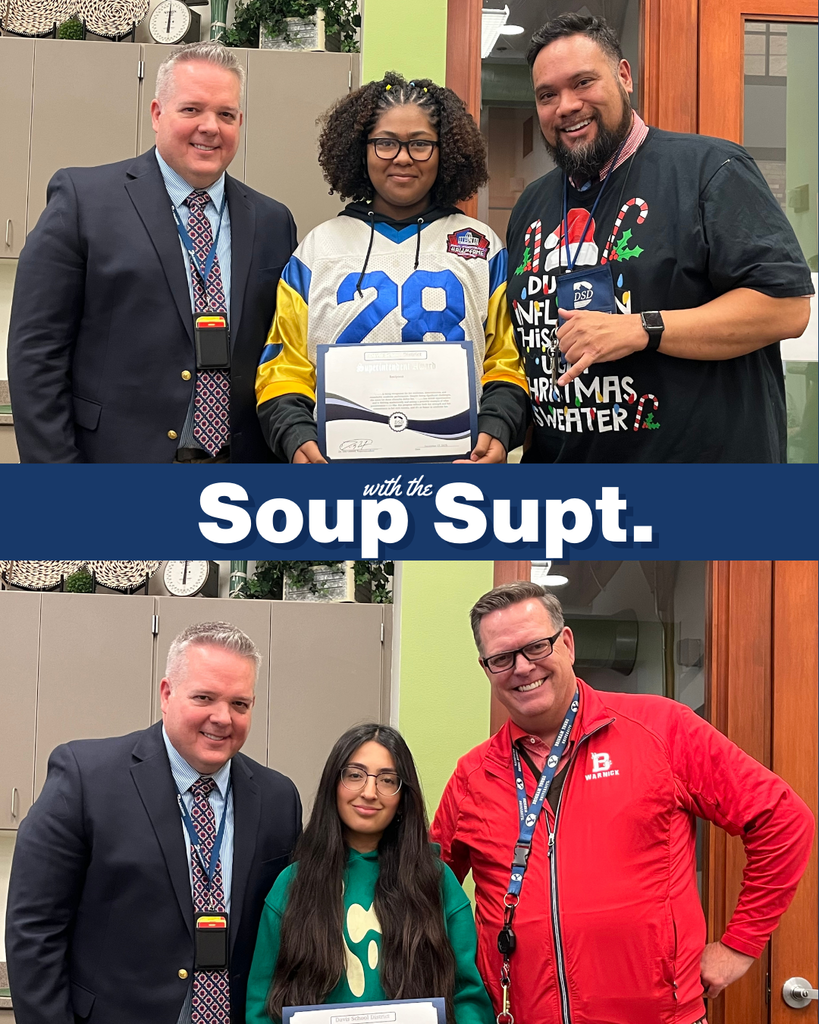 December Soup with the Supt photos with the principal, their student being honored and the superintendent in the photos