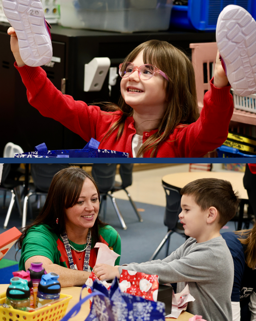 Student holds up her new shoes with excitement and in the bottom picture a member of the Holt team smiles as a student opens his new shoes