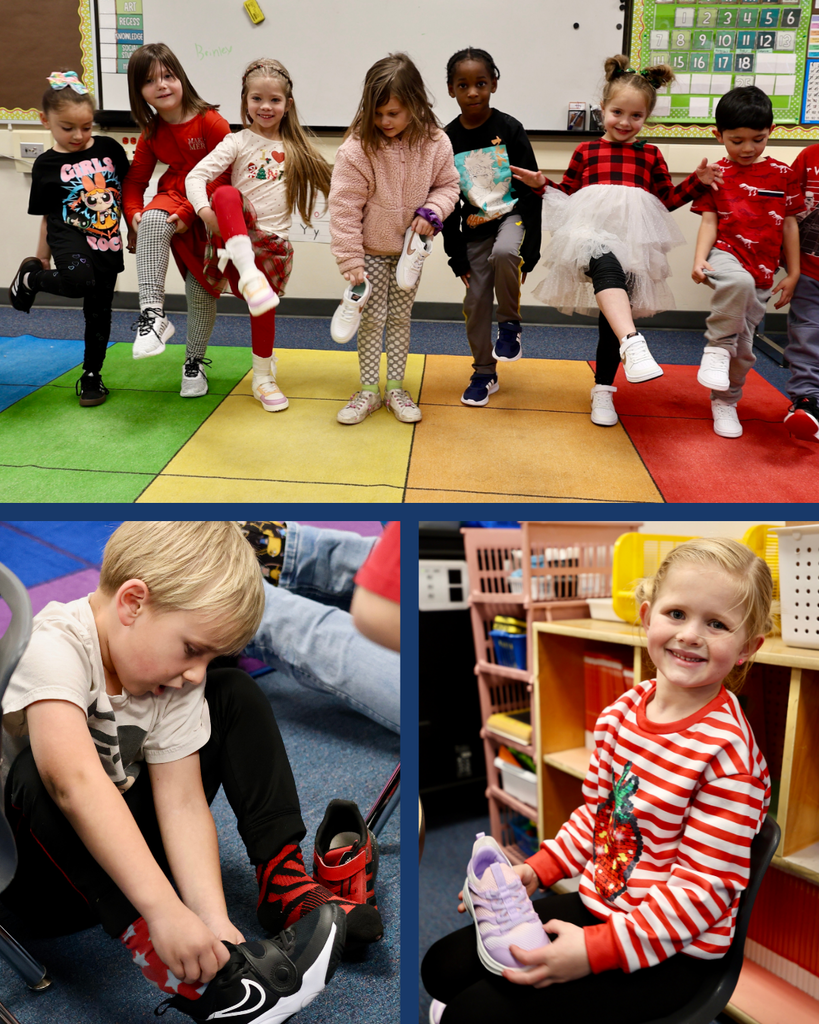 Top picture has a line of kindergarten students lifting up their leg to show off their new shoes on their feet