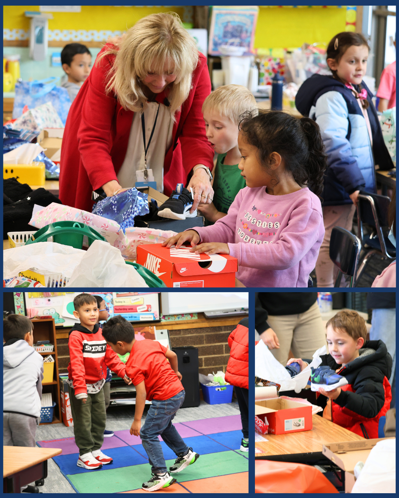 Students open christmas presents with brand new shoes and dance and play with excitement