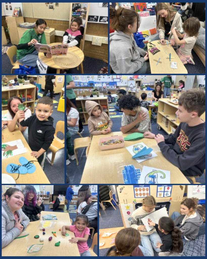 Pictures of junior high students being a big friend to elementary students and reading to them