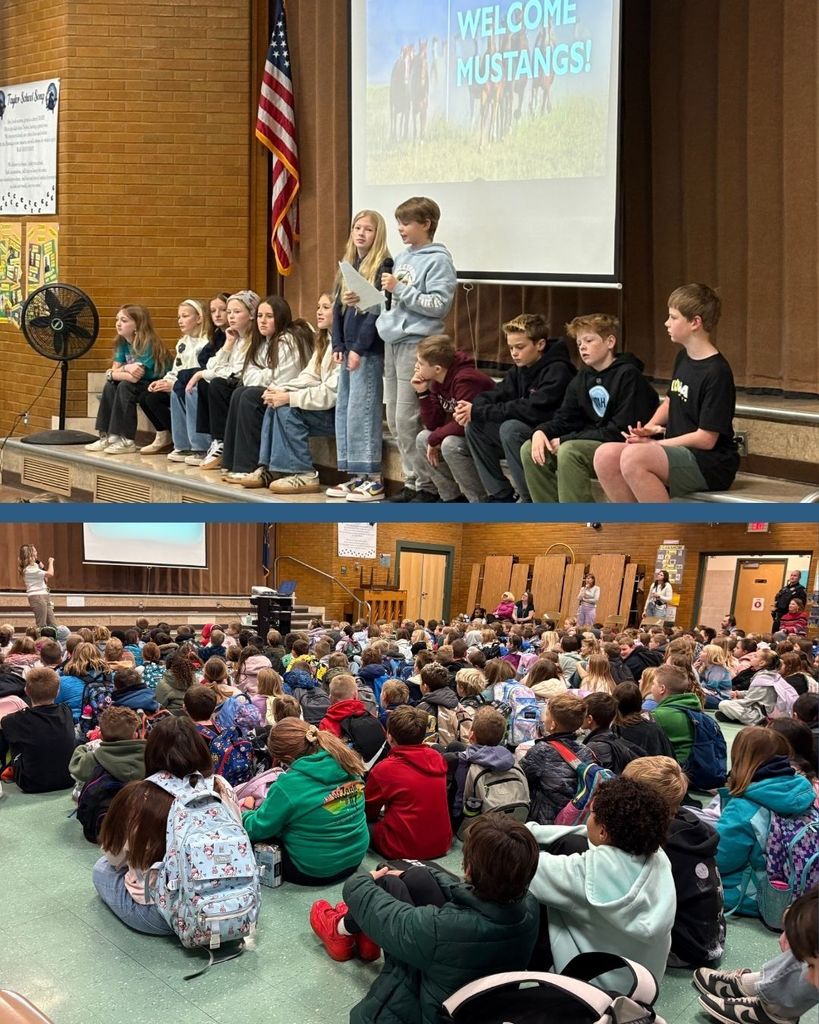 Photo collage of students at mustang gallop assembly. Student council welcoming students and school counselor announcing winners. 