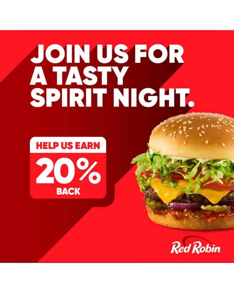 Join us for a tasty spirit night. Help us earn 20% back. Red Robin Layton location