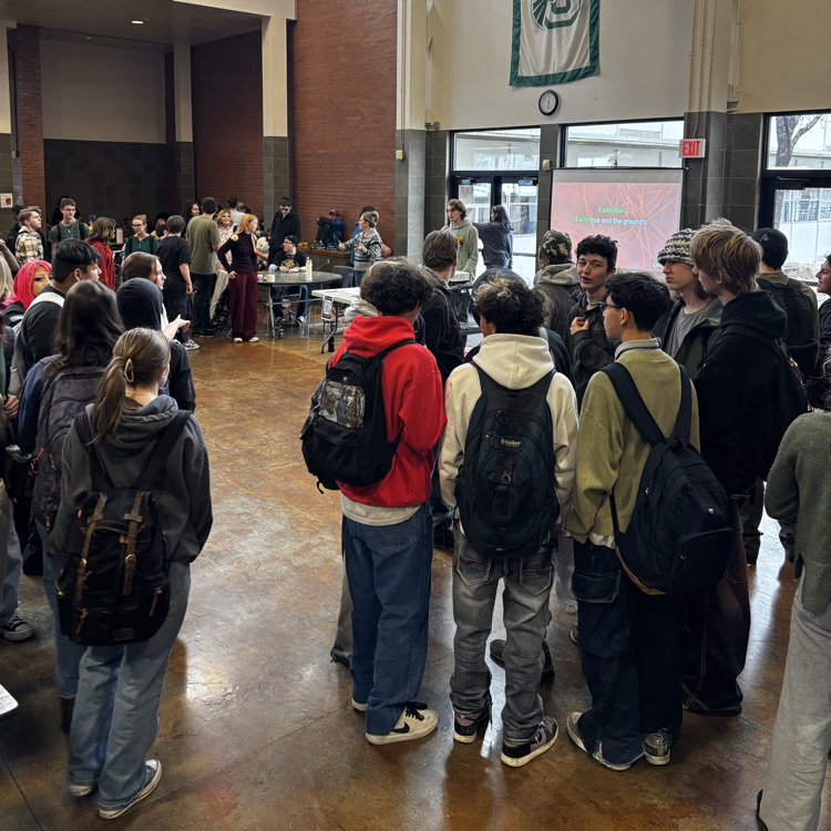 Students participating in a Karaoke party in the commons at lunch today
