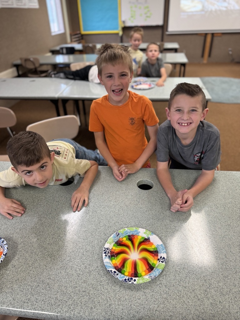A photo of 3 students showing off their skittle experiment in STEM