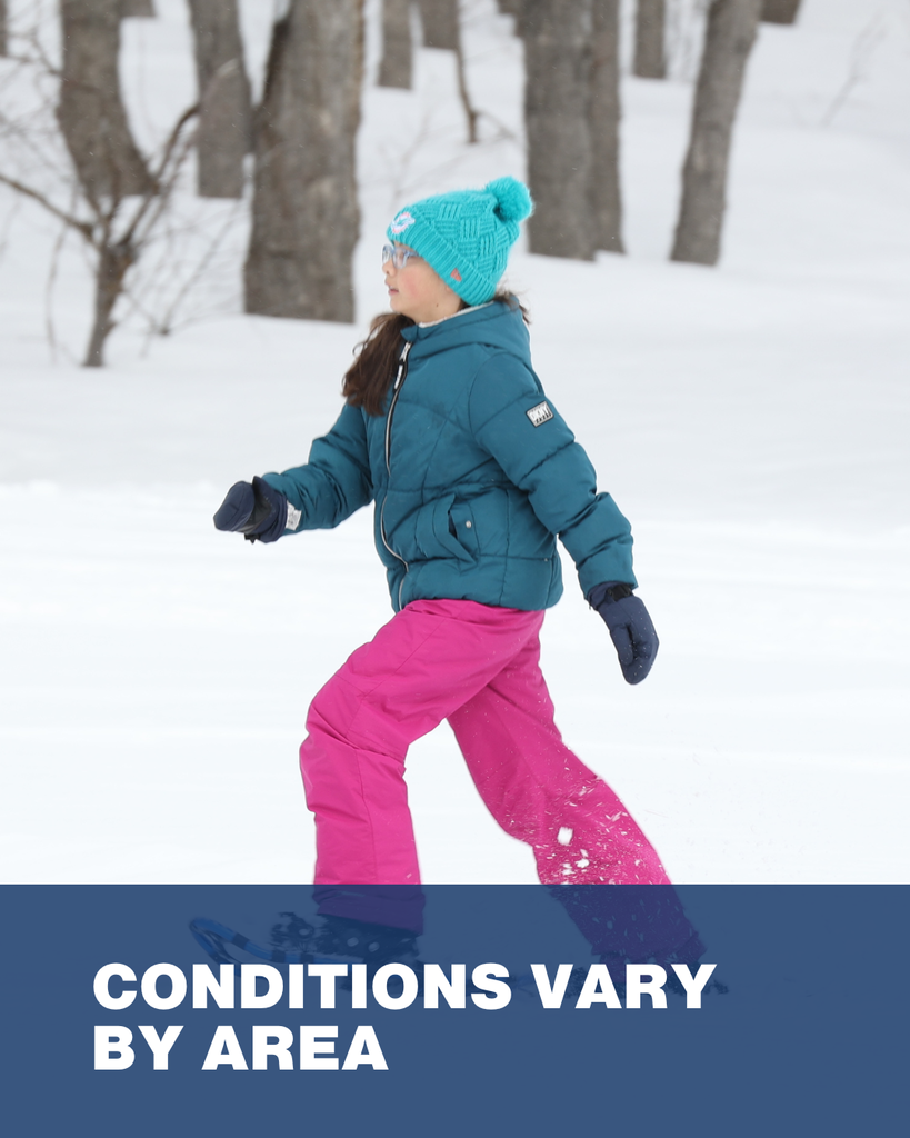A student walking in the snow with the words "conditions vary by area."
