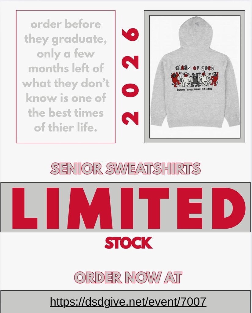 Image of Gray sweatshirt with dancing figures "class of 2026" on back. Order before they graduate, limited stock available. order at dsdgive.net/event/7007