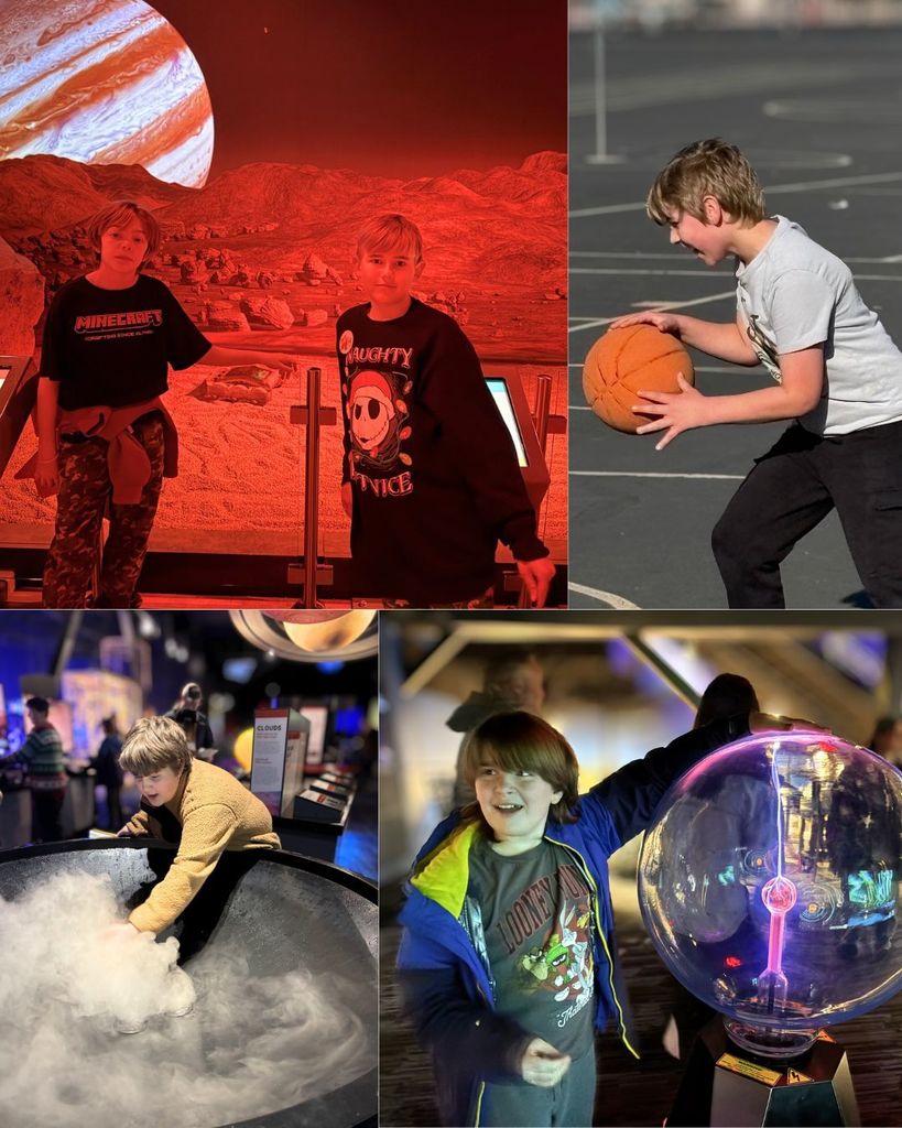 A collage of photos shows an elementary student during a science museum visit. In different images, the student stands in a red-lit space exhibit, plays basketball outdoors, interacts with fog or vapor in a science display, and touches a plasma globe that lights up with electricity.