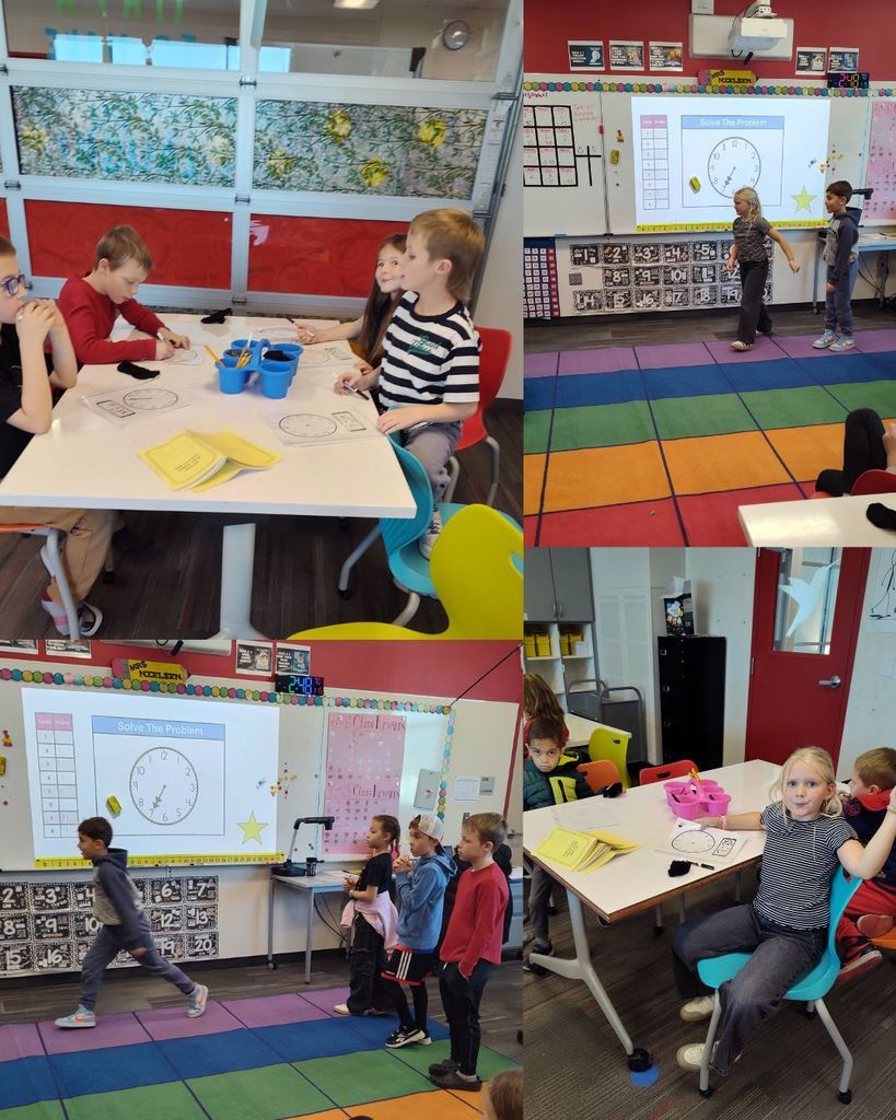 Several classroom photos show elementary students working on math activities. Students sit at tables with worksheets and pencils, while others stand on a colorful classroom rug participating in a time-telling activity projected on a screen at the front of the room.
