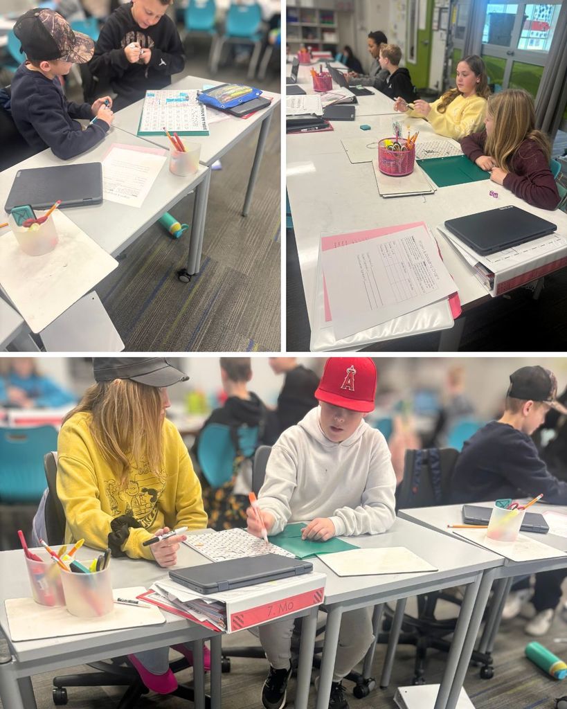 A collage of classroom photos shows elementary students working at desks in small groups. Students use pencils, notebooks, and tablets while focusing on math or writing activities in a bright classroom setting.