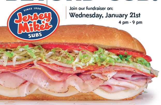 Jersey Mikes Subs - Joinour fundraiser on Wednesday, January 21st 4pm - 9-pm. Photo of a sub sandwich
