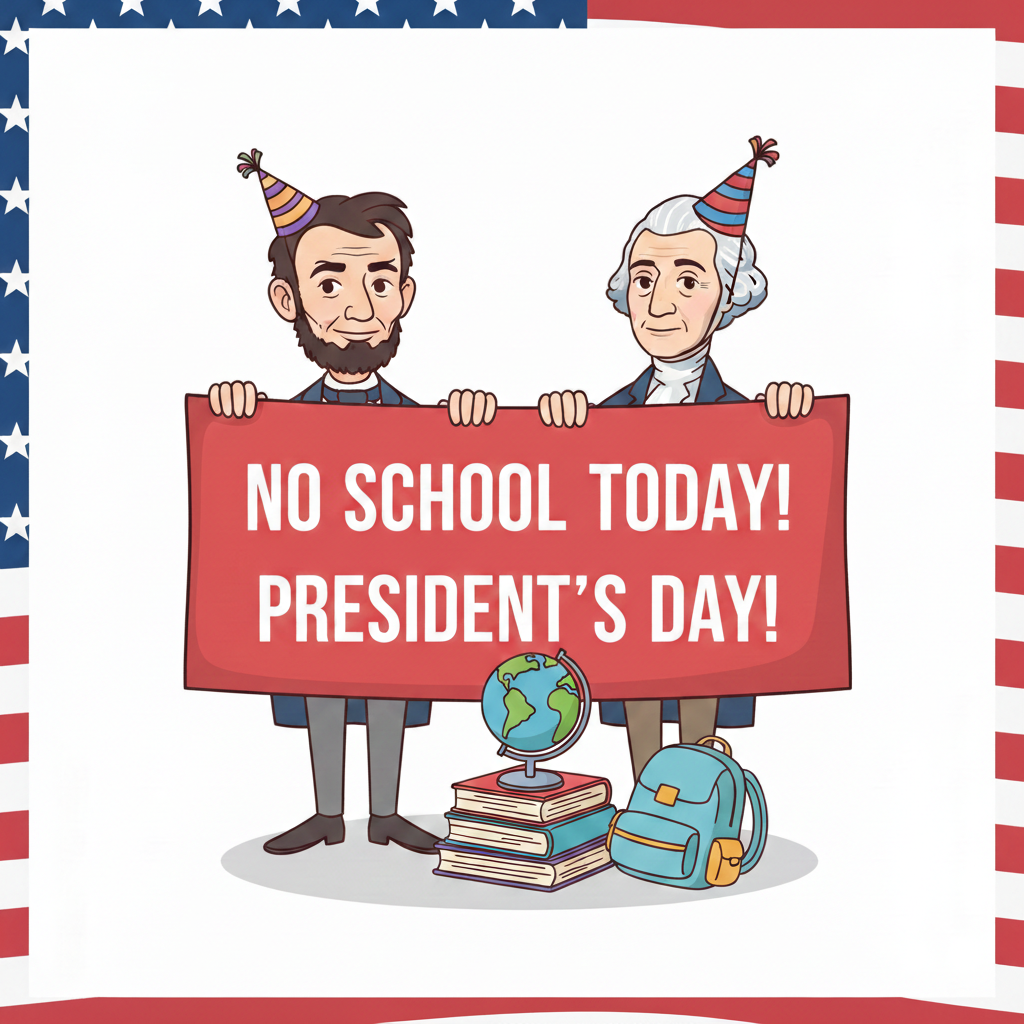 presidents day no school today with cartoon george washington and abraham lincoln